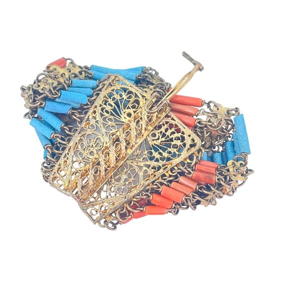 Egyptian Revival Antique Faience Coral and Turquoise Bracelets Art Deco, Estate - Picture 10 of 11